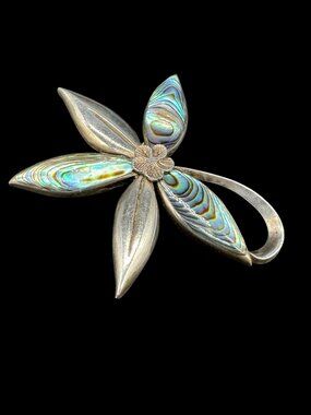 Vintage Brooch Sterling Silver 925 Flower Leaf Abalone Shells *tested*